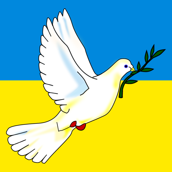 Eine Friedenstaube vor der Ukrainischen Flagge